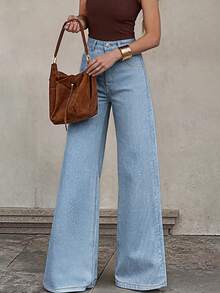 Women's Classic Solid Color Loose Wide Leg Jeans, Fashionable Versatile Casual Pants - Medium Wash - View 8
