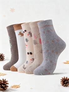 5 Pairs Women's Mid-Crew Socks - Cartoon Animal Pattern - Thermal Terry-Lined Japanese Style For Autumn Winter - Multicolor - View 1