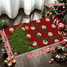 1/2/3件組聖誕主題廚房地墊，法蘭絨材質，聖誕樹圖案搭配紅色波點背景，柔軟舒適吸水防滑，可機洗，附防滑底背，適用於門口、客廳、臥室、廚房、餐廳、浴室、洗衣房、陽台、玄關，多功能節日居家裝飾地墊 - 彩色 - 查看 12