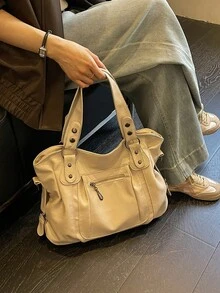 金屬鉚釘飾件托特包，手提、肩背、斜背，拉鍊開合，復古做舊軟皮風格，大容量托特包，適合女性通勤、旅行與日常使用 - 米色 - 查看 11