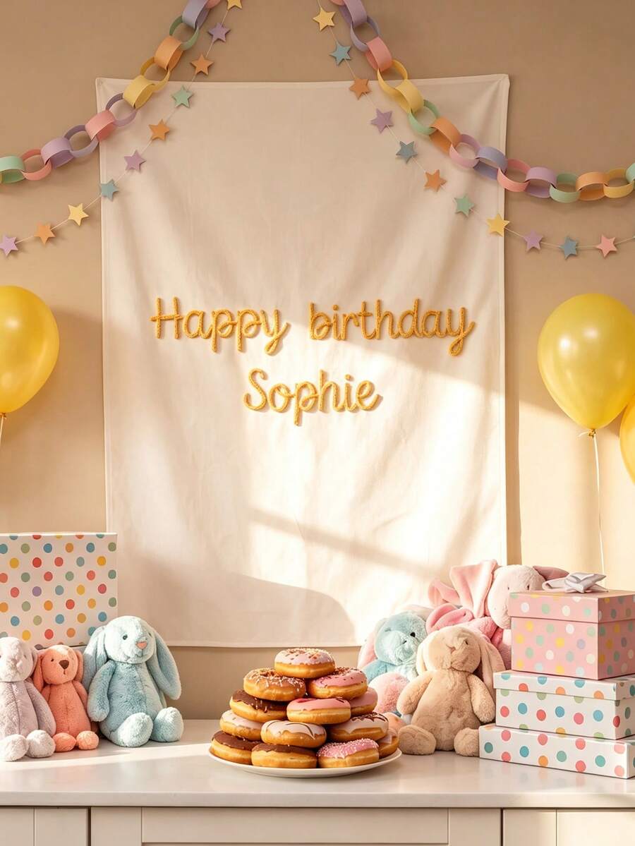 Personalized Vintage Embroidered Birthday Banner, Custom Embroidered Birthday Wall Decor, Room Decoration Wall Hanging, Birthday Backdrop Curtain, Home Decor, Personalized 3D Yarn Letter Banner, Bohemian Style Birthday Tapestry Sign - Multicolor - View 1