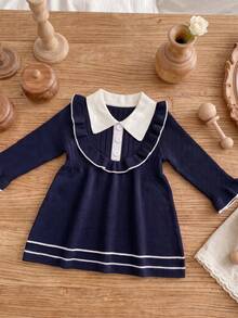 Baby Girl Colorblock Lapel Long Sleeve Patchwork Ruffle Cute Knit Dress - Blue - View 2