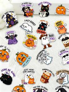 50pcs Funny & Cute Halloween Quote Stickers, Sleepy Pumpkin, Cheerful Ghost, Black Cat, Humorous Slogan Waterproof Decorative Stickers, Suitable For Laptop, Water Bottle, Planner, Scrapbook - Multicolor - View 3