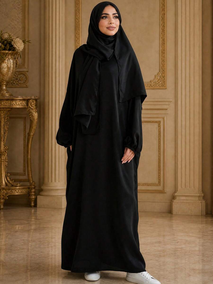 Solid Color One-Piece Hooded Abaya, Cuffed Puff Long Sleeve Abaya, Middle Eastern Women Prayer Cover-Up - Black - View 1