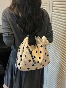 熱門女款新款大容量通勤斜挎肩背包 小眾設計手提包 休閒百搭極簡時尚托特包 舒適布料 PU 皮革紋理 純色設計 拉鍊開合 可調節長肩帶 大容量 附吊飾 - 卡其色 - 查看 7