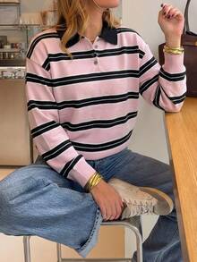 Just Masa Women's Fall Casual Cute Sweet Striped Loose Sweater Pullover,Long Sleeve POLO Collar Rib-Knit Chic Top,For Going Out,Vacation,Travel - Pink Stripes - View 4