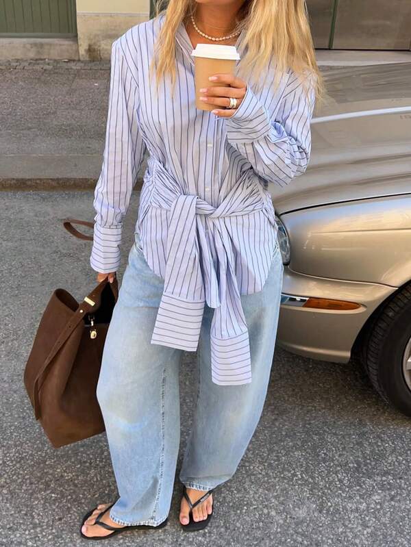 Women's Casual Striped Button-Front Long Sleeve Shirt, Classic Shirt Collar Woven Fabric Top, Suitable For Autumn Wear.