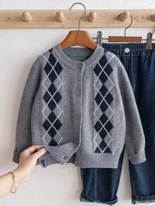 Boys' Preppy Argyle Jacquard Round Neck Button Long Sleeve Knit Cardigan Sweater, Color Block Pattern, Casual Versatile For Daily Wear And School, Spring/Autumn/Winter - Grey - View 1