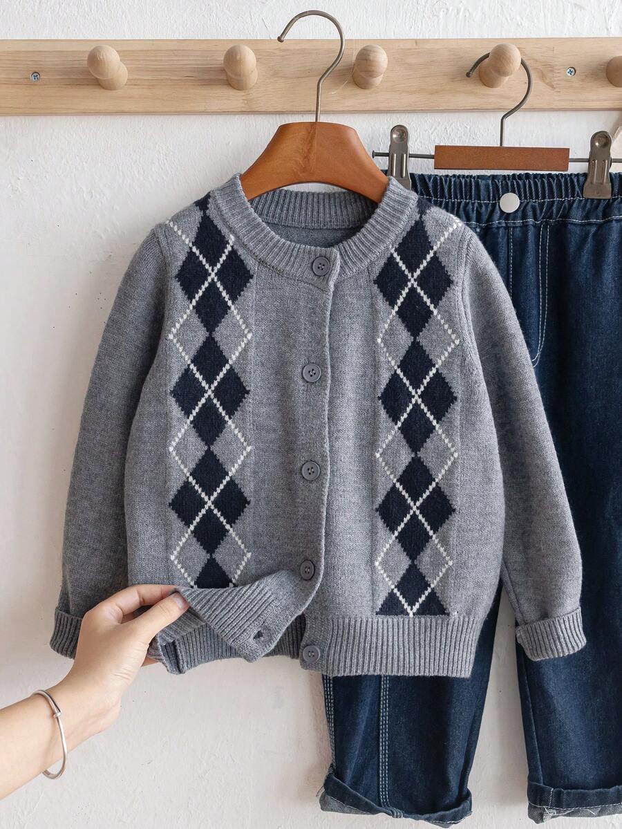 Boys' Preppy Argyle Jacquard Round Neck Button Long Sleeve Knit Cardigan Sweater, Color Block Pattern, Casual Versatile For Daily Wear And School, Spring/Autumn/Winter - Grey - View 1