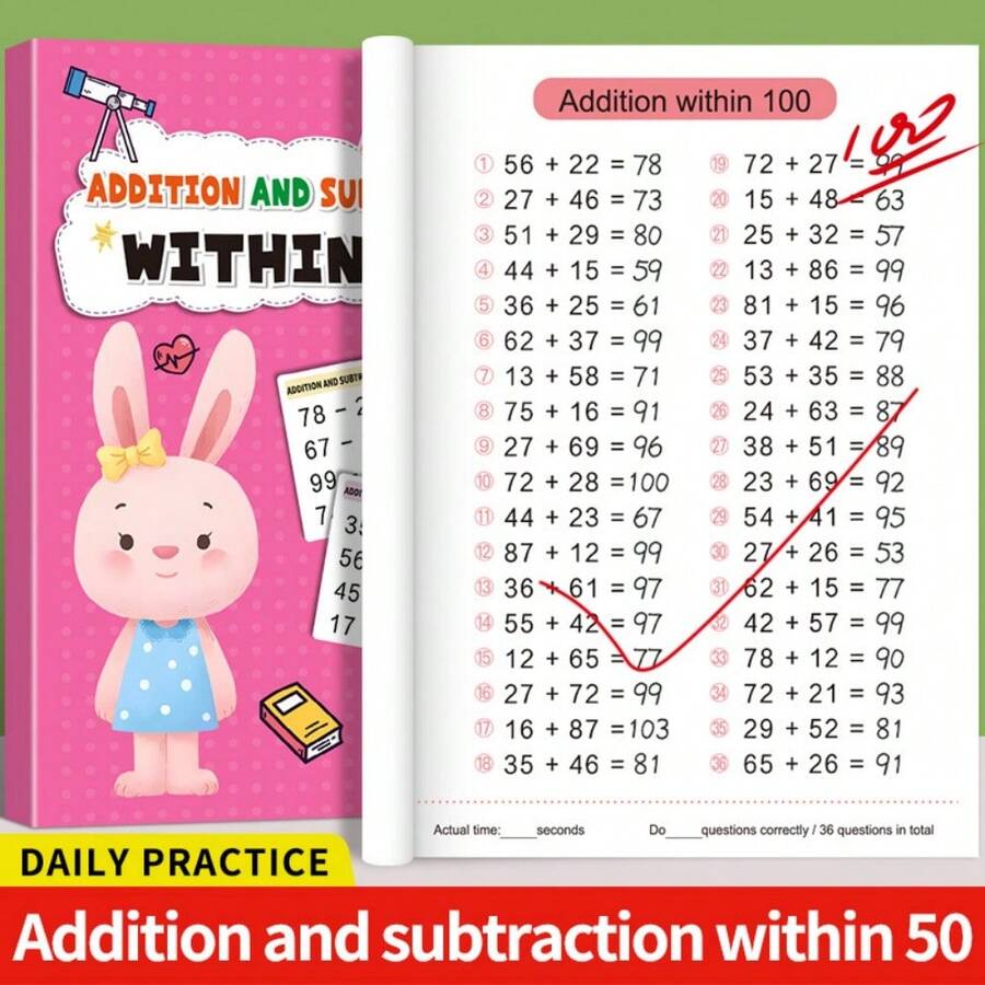 1pc Addition And Subtraction Math Workbook Set, 10/20/50/100 Range, Children's Mental Math Practice Book, Preschool Early Math Learning, Montessori Education Book, Back To School Halloween Christmas Party Gift