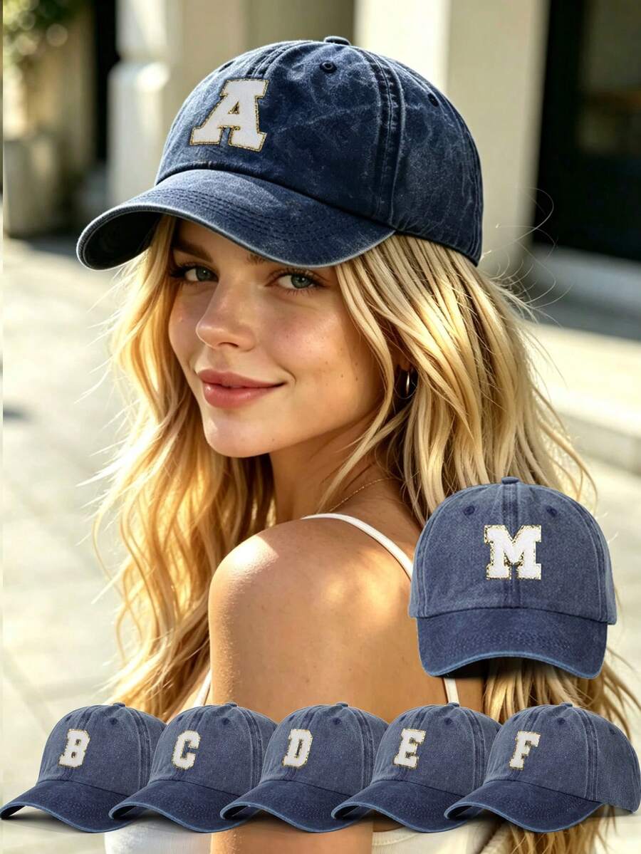 1pc Women's Washed Vintage A-Z Letter Baseball Cap, Casual Distressed Dad Hat, Outdoor Sun Protection Hat - Navy Blue - View 1