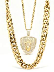 2pcs Shield KING Hip Hop Punk Necklace Exaggerated Men's Gold Chain Set, Vintage Punk Style, Suitable For Party, Gathering, Halloween, COS - Gold - View 6
