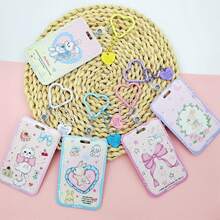 Macaron Heart Card Holder Keychain, Student ID Card Protector, Cartoon Cat & Rabbit Print Card Sleeve, Detachable Backpack Charm - Multicolor - View 9