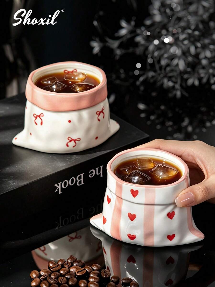 shoxil 1pc Multi-Pattern Handmade Ceramic Mug 300ml, Exquisite Underglaze Floral Cherry Bow Coffee Cup, Soft Ins Style Drinkware, Suitable For Housewarming Holiday Gift, Bedroom Decor And Teenage Girls - Multicolor - View 1
