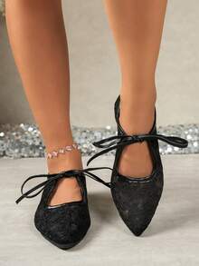 Women's Black Lace Pointed Toe Mary Jane Shoes, French Style Bowknot Strap Flat Ballet Shoes, Breathable Mesh, Suitable For Daily Wear - Black - View 3
