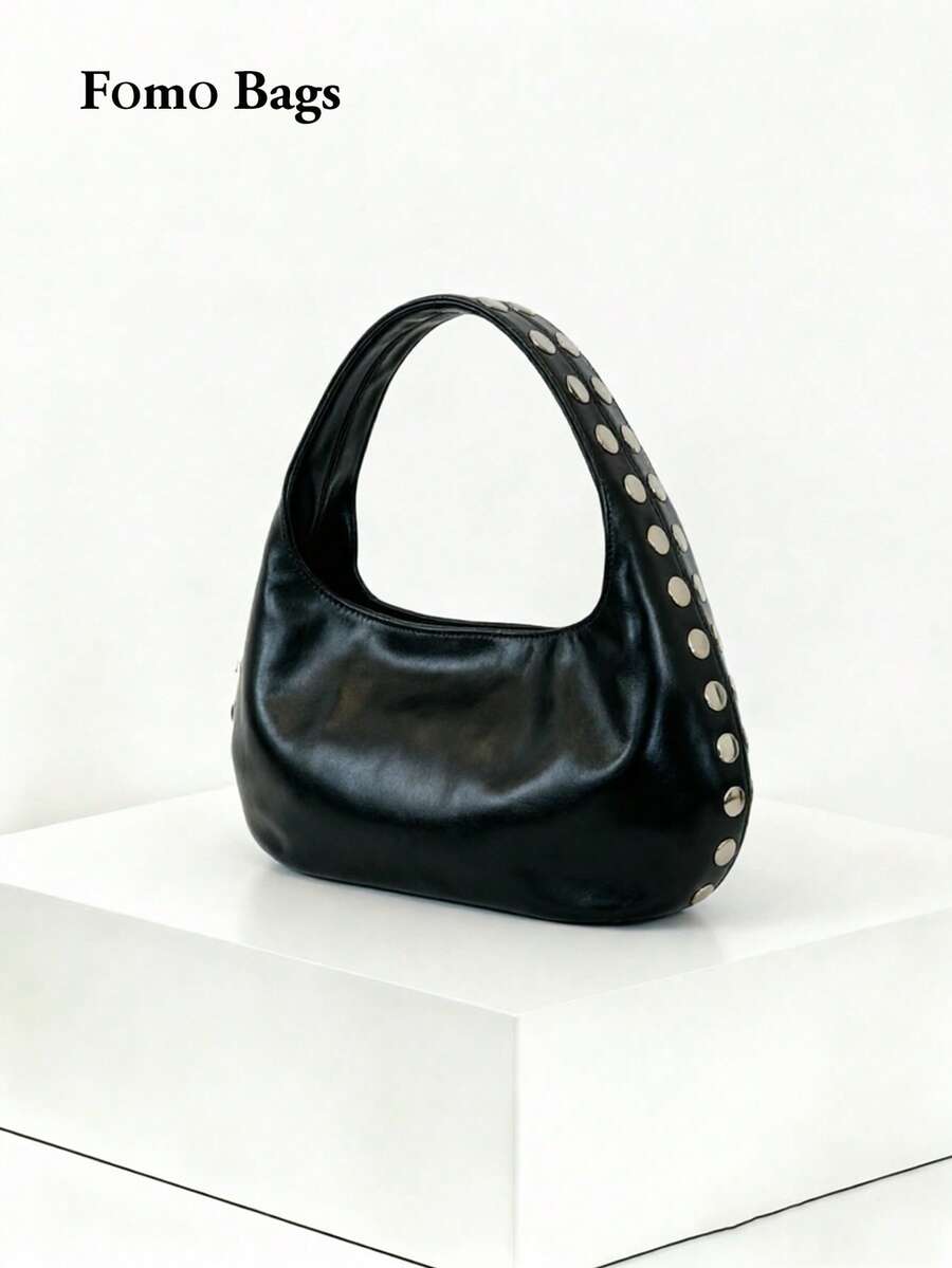 Korean Niche Design Ins Style Rivet Crescent Handbag For Women, Vintage Fashion Y2K Hot Girl Large Capacity Versatile Shoulder Underarm Bag - Black - View 1