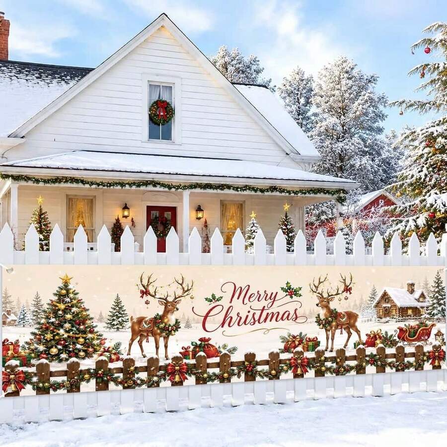 1pc Winter Christmas Theme Garden Sign Banner, Polyester, Reindeer Christmas Tree, Gift Sleigh, Snowy Ground Cabin Background. Suitable For Garden Fences, Patios, Walls, Christmas Parties, Etc.