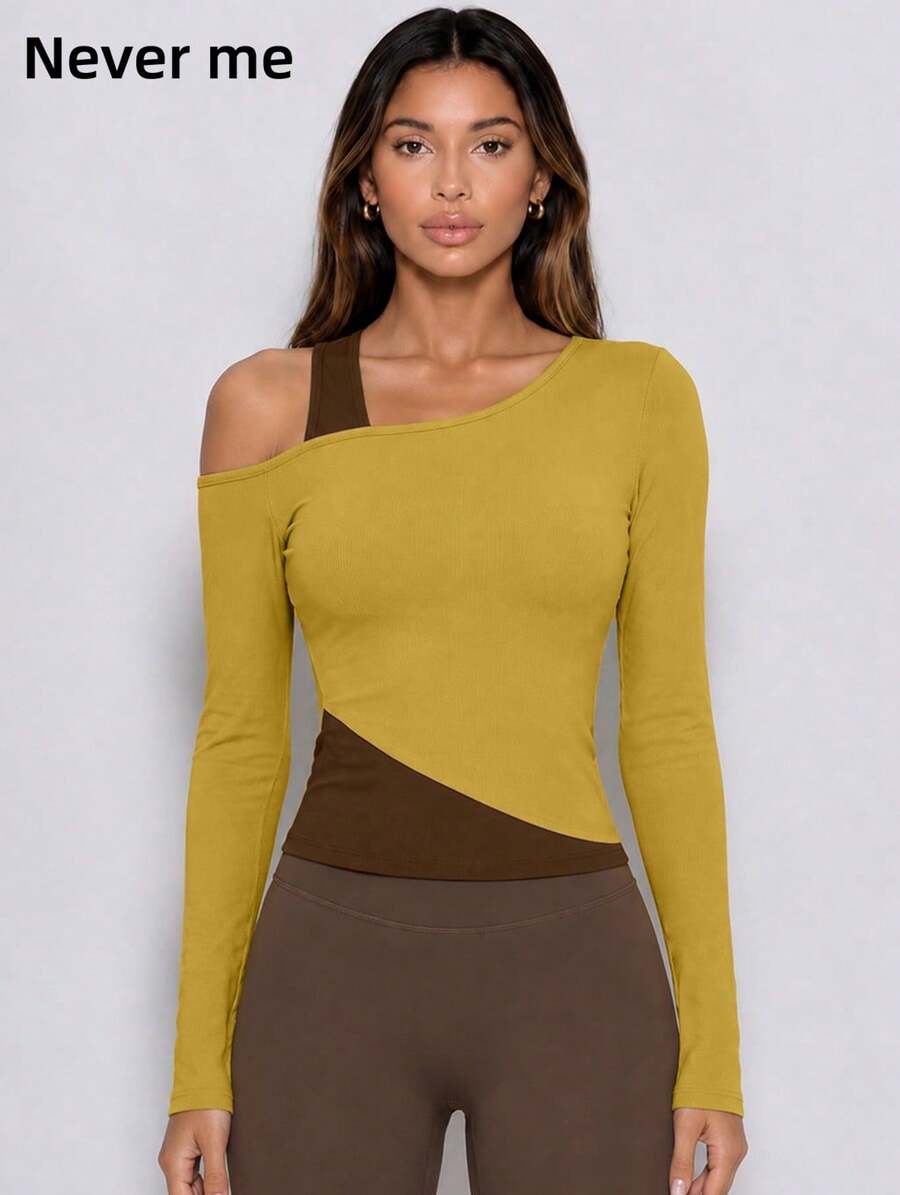 Never me Women's Sports T-Shirt Asymmetrical Shoulder 2 In 1 Patchwork Long Sleeve Asymmetrical Hem Cropped Top Suitable For Yoga Pilates Jogging Commuting - Olive Green - View 1