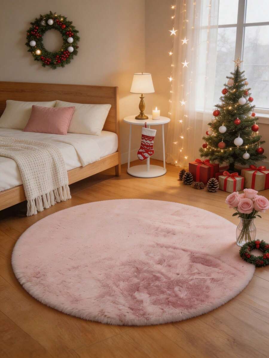 1pc Round Pink Faux Rabbit Fur Rug, Bedroom Bedside Carpet, Decorative Rug, Can Be Used As Seat Cushion, Room Bed Front Mat, Bed End Mat, Plush Foot Mat, Indoor Faux Rabbit Fur Floor Mat, Fleece Rug, Furry Carpet, Autumn/Winter Rug, Thickened/Plush, Holiday Decor, Winter Foot Mat, Warm And Soft - Pink - View 1