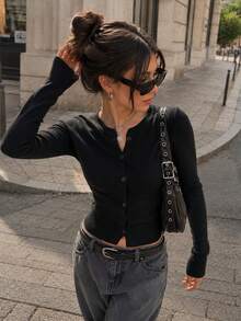Women Fall Black Ribbed Knit Cardigan,Crew Neck Button Front Long Sleeve Sweater, Slim Fit Cropped Cardigan Top, Casual Vacation Back To School Outfit - Black - View 5