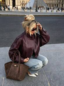 Autumn/Winter Solid Color Asymmetric Button Lapel Long Sleeve Loose PU Leather Jacket, Urban Street Style Fashion Outerwear - Burgundy - View 3
