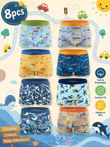 8 Buah Celana Dalam Boxer Anak Laki-Laki, Set Pakaian Dalam Motif Mobil & Hewan Laut yang Lucu, Elastis dan Nyaman, Perlengkapan Harian untuk Anak Laki-Laki - MultiWarna - View 1