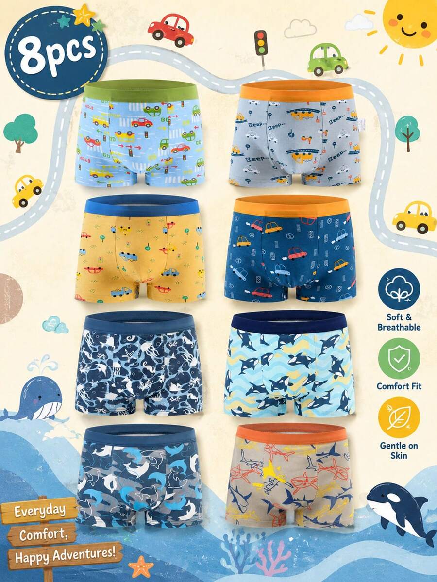 8 Buah Celana Dalam Boxer Anak Laki-Laki, Set Pakaian Dalam Motif Mobil & Hewan Laut yang Lucu, Elastis dan Nyaman, Perlengkapan Harian untuk Anak Laki-Laki - MultiWarna - View 1