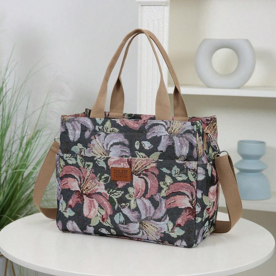 DLIU New Large Capacity Floral Pattern Tote Bag, Shoulder Bag, Crossbody Bag, Lunch Bag, Handbag, Lunch Box Storage Bag, Commuter Bag, Suitable For Work Lunch, Travel, Daily Use, Fabric Lining, Main Compartment With Semi-Closed Zipper, Front Zipper Pocket, Side Pockets