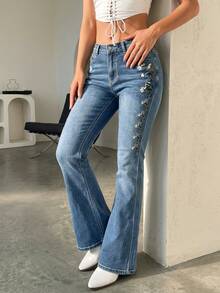 Celana Jeans Flare Bordir Bunga Retro Musim Gugur, Celana Denim Wanita Pinggang Sedang, Model Slim Fit, Potongan Lonceng yang Menawan - Light Wash - View 6