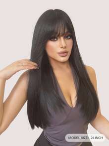 alicegarden 24-Inch Long Synthetic Wig Featuring A Natural Straight Style A Stunning Black. Designed With Bangs , This False Hairpiece Is Perfect For Ms Daily Party Cosplay Use, Offering A Natural And Natural Durable Wig Gift For Ladies. - Black - View 2