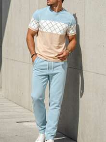 Men's Autumn/Winter Simple Elegant Comfortable Argyle Colorblock Patchwork Short Sleeve & Long Pants Set - Multicolor - View 3