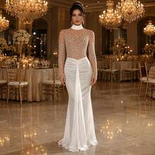 Elegant Women's Long Sleeve Round Neck Evening Dress, Contrast Color Mesh Back Tie Design, Suitable For Ball And Evening Party - White - View 1