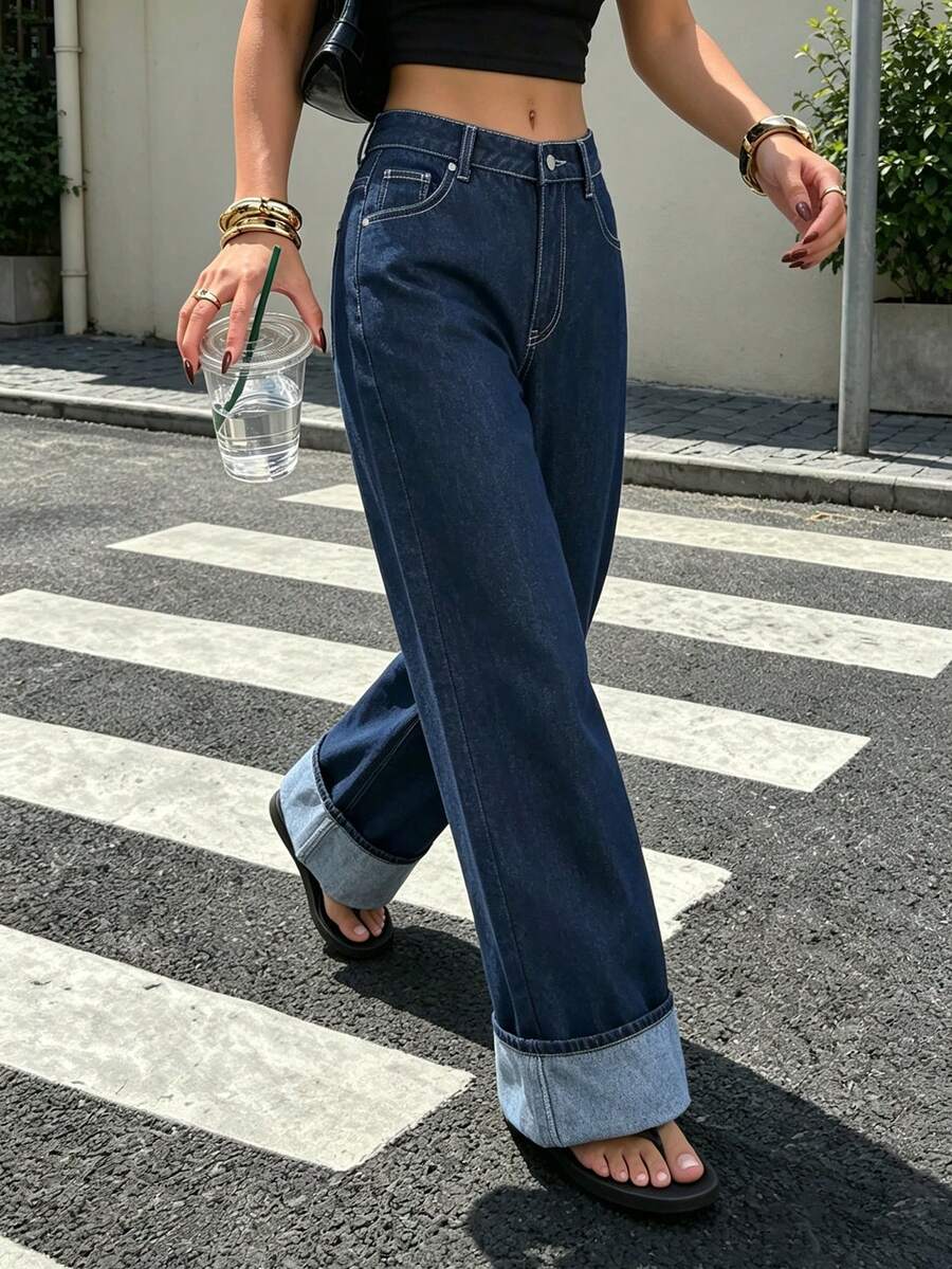 女款休閒寬腿收口牛仔褲,長版無彈力復古風長褲,時尚寬鬆版型牛仔褲 - 單寧原色 - 查看 1