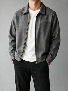 GloMan Old Money Style Men's Grey Wool Blend Zip-Up Jacket With Chest Patch Pocket, Warm For Autumn/Winter, Commuting And Gatherings, Gift For Husband/Father, Christmas/Halloween - Grey - View 3