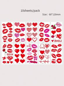10pcs/Pack Valentine's Day Waterproof Temporary Tattoo Stickers, Red Heart, Lips, Rose Realistic Tattoos, Suitable For Men & Women, For Face, Arms And Body Decoration On Valentine's Day - Multicolor - View 10
