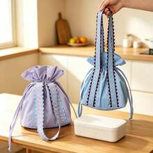 Macaron Color Drawstring Lunch Bag, Japanese Korean Lace Decor Large Capacity Bento Bag, Portable Handheld Food Storage Tote For Work Office School Picnic Travel Women Daily Use - Multicolor - View 12