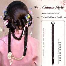 Nova Peruca Estilo Chinês para Maquiadores, Trança de Espinha de Peixe da Noiva Xiuhe, Cabelo Trançado Qipao, Acessório de Cabelo com Trança Torcida Feito à Mão Pré-Pronto - Preto - Visão 11