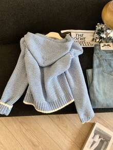 Blue Striped Hooded Double Zipper Knit Cardigan - Blue - View 7