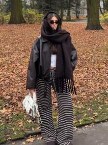 1pc Women's Autumn/Winter Light Gray Solid Color Versatile College Style Elegant Thick Fringed Warm Scarf, Minimalist Daily Shawl Cape - Multicolor - View 5