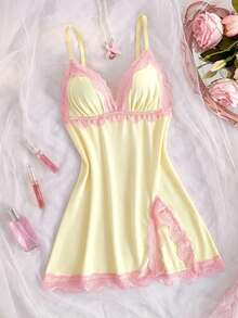 Women's Soft Contrast Color Ruffle Lace Backless Slip Dress, V-Neck Side Slit, Romantic Baby Doll Style Camisole Nightgown, Sweet Sexy Slip Dress Nightgown - Yellow - View 5