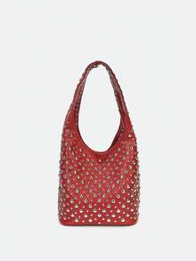 Dedoo Burgundy V-Shaped Double-Sided Studded Bucket Bag,Punk Style Heavy-Duty Rivet Embellished Underarm Shoulder Bag,Suitable For Work Commute And Shopping - Burgundy - View 8