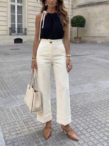 Elegant Daily Business Office Commute Minimalist Casual Long Pants - Apricot - View 4