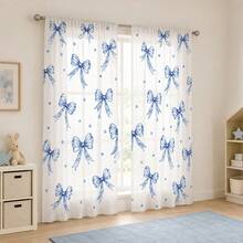 2Pcs Blue Watercolor Bow & Star Print Curtains, Fresh Artistic Pattern, Living Room Bedroom Home Decor Hanging Curtains - Baby Blue - View 3