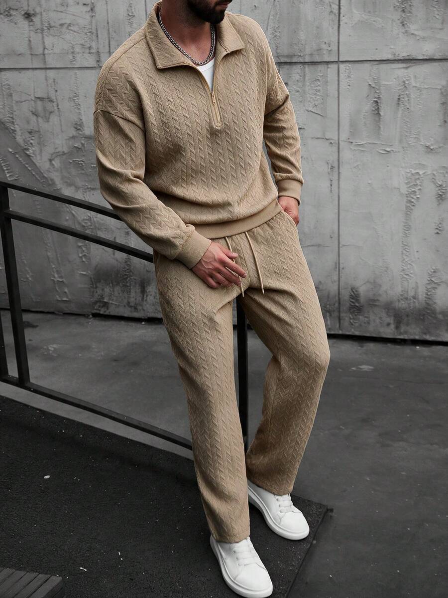 Men's Casual 2 Pieces Set With Half-Zip Polo Shirt And Drawstring Straight Leg Pants - Khaki - View 1
