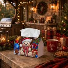 1pc Comfortable Winter Country Style Tissue Box - Multifunctional Napkin Holder, Available In Durable Polyester Material, Decorated With Teddy Bear Candle Ornament And Candy Cane Pattern, Suitable For Christmas Winter Home Decor And Holiday Party Gift Supplies - Multicolor - View 6