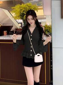 Women's New Autumn/Winter Versatile Knit Cardigan With Ruffle Hem, Long Sleeve Slim Fit V-Neck Sweater - Black - View 2