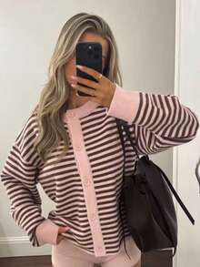Women's Autumn/Winter New Fashion Street Style Casual Loose Colorblock Striped Knit Button Cardigan - Pink/Coffee White - View 1