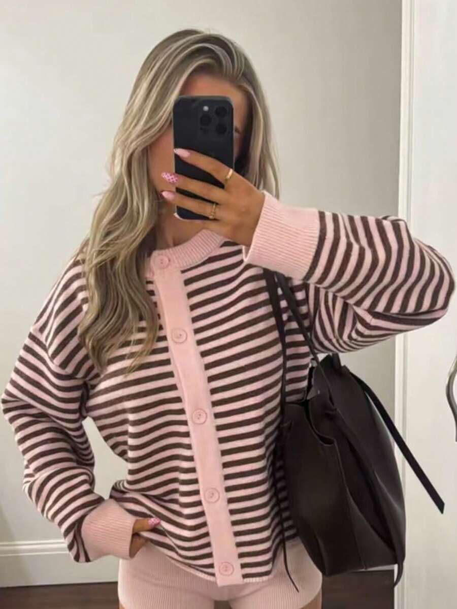 Women's Autumn/Winter New Fashion Street Style Casual Loose Colorblock Striped Knit Button Cardigan - Pink/Coffee White - View 1