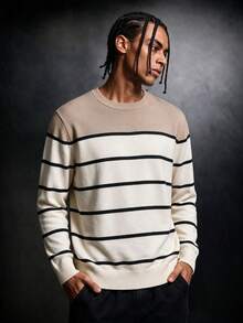 SU ER 1pc Men's Autumn/Winter Casual Striped Knit Top - Apricot - View 3