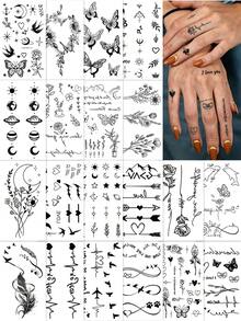 20pcs Black Small Pattern Waterproof Temporary Tattoo Stickers, Floral, Butterfly, Feather, English Letter, Moon And Other Designs, Easy To Use, Water-Resistant And Sweat-Proof, Suitable For Arms, Legs, Neck, Shoulders, Festivals, Beach, Travel, Parties And Daily Decoration - Black - View 12